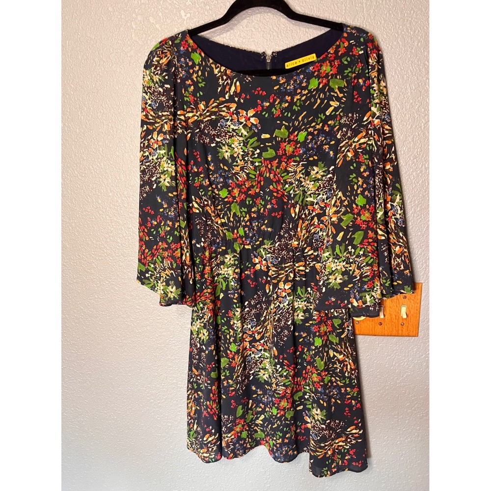 Alice + Olivia Floral Silk Bell Sleeve Mini Dress Navy Blue C306608888